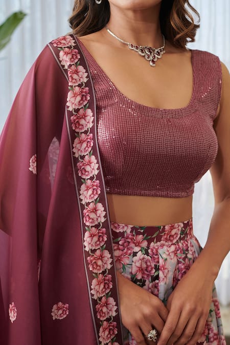 Buy_Pasha India X AZA_Burgundy Silk, Georgette Sequins, Embroidery Scoop Floral Gradient Lehenga Set _Online_at_Aza_Fashions