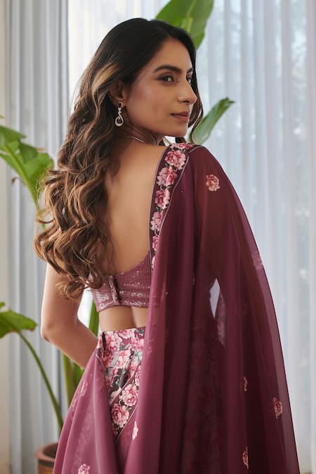 Shop_Pasha India X AZA_Burgundy Silk, Georgette Sequins, Embroidery Scoop Floral Gradient Lehenga Set _Online_at_Aza_Fashions