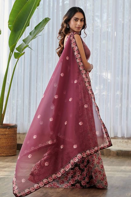 Pasha India X AZA_Burgundy Silk, Georgette Sequins, Embroidery Scoop Floral Gradient Lehenga Set _at_Aza_Fashions