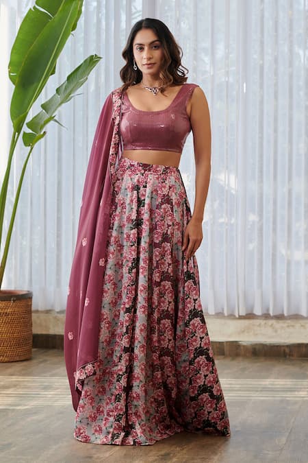 Buy_Pasha India X AZA_Burgundy Silk, Georgette Sequins, Embroidery Scoop Floral Gradient Lehenga Set 