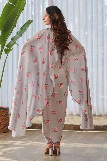 Pasha India X AZA Floral Print Cape Top & Draped Skirt 