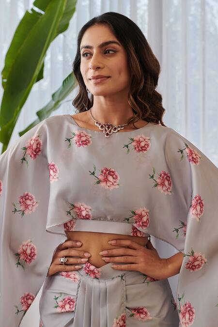 Buy_Pasha India X AZA_Gray Satin Floral Print Cape Top And Draped Skirt _Online_at_Aza_Fashions