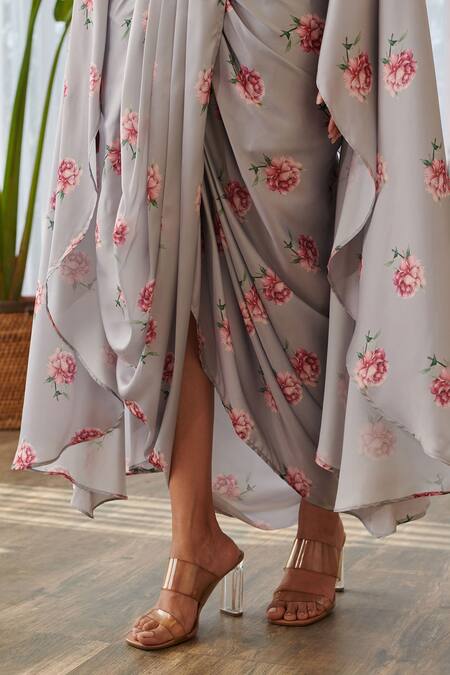 Shop_Pasha India X AZA_Gray Satin Floral Print Cape Top And Draped Skirt _Online_at_Aza_Fashions
