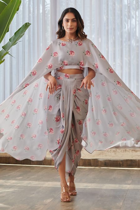 Pasha India X AZA_Gray Satin Floral Print Cape Top And Draped Skirt _at_Aza_Fashions