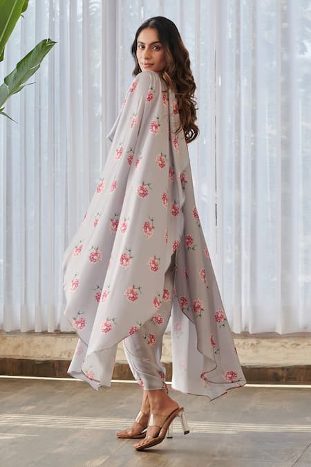 Buy_Pasha India X AZA_Gray Satin Floral Print Cape Top And Draped Skirt 