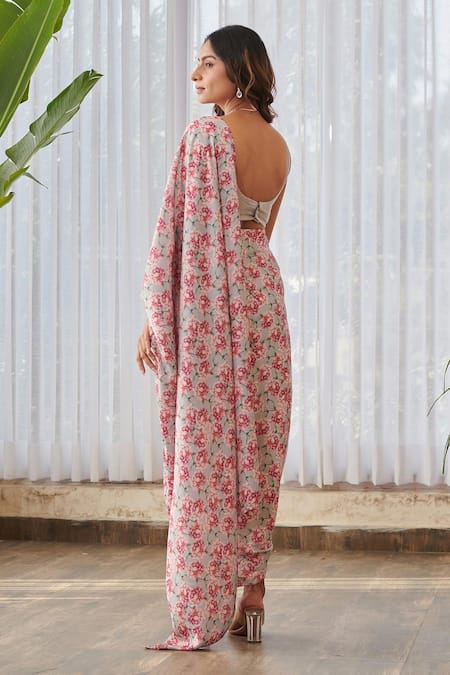Pasha India X AZA Floral Print Pre-Draped Dhoti Saree & Blouse 