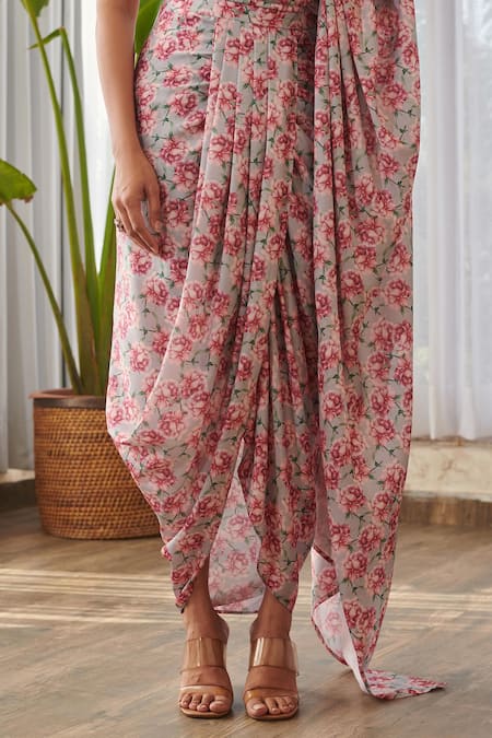 Buy Pasha India X AZA Gray Silk, Satin Sequins, Floral Print Pre-draped Dhoti Saree And Blouse Online at Aza Fashions Buy_Pasha India X AZA_Gray Silk, Satin Sequins, Floral Print Pre-draped Dhoti Saree And Blouse _Online_at_Aza_Fashions