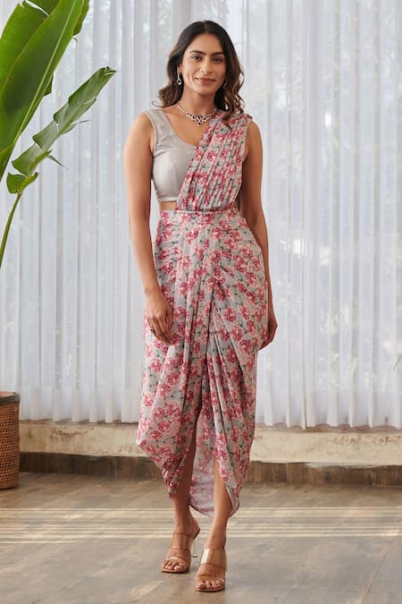 Shop Pasha India X AZA Gray Silk, Satin Sequins, Floral Print Pre-draped Dhoti Saree And Blouse Online at Aza Fashions Shop_Pasha India X AZA_Gray Silk, Satin Sequins, Floral Print Pre-draped Dhoti Saree And Blouse _Online_at_Aza_Fashions