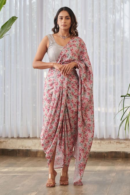Buy Pasha India X AZA Gray Silk, Satin Sequins, Floral Print Pre-draped Dhoti Saree And Blouse Buy_Pasha India X AZA_Gray Silk, Satin Sequins, Floral Print Pre-draped Dhoti Saree And Blouse