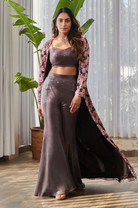 Shop Pasha India X AZA Brown Silk, Satin, Cotton Sequins Sweetheart Neck Floral Print Cape Sharara Set Online at Aza Fashions Shop_Pasha India X AZA_Brown Silk, Satin, Cotton Sequins Sweetheart Neck Floral Print Cape Sharara Set _Online_at_Aza_Fashions