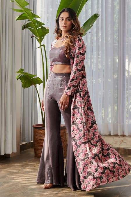 Pasha India X AZA Brown Silk, Satin, Cotton Sequins Sweetheart Neck Floral Print Cape Sharara Set at Aza Fashions Pasha India X AZA_Brown Silk, Satin, Cotton Sequins Sweetheart Neck Floral Print Cape Sharara Set _at_Aza_Fashions