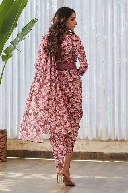 Pasha India X AZA Burgundy Floral Garden Print Saree Gown 