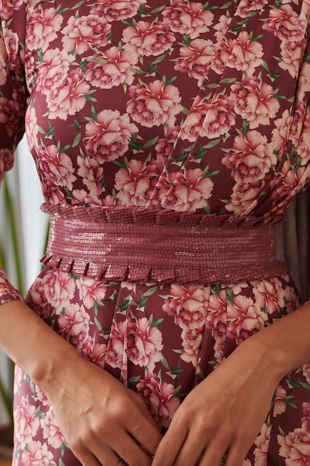 Buy Pasha India X AZA Burgundy Satin Sequins Round Neck Floral Garden Print Saree Gown Online at Aza Fashions Buy_Pasha India X AZA_Burgundy Satin Sequins Round Neck Floral Garden Print Saree Gown _Online_at_Aza_Fashions