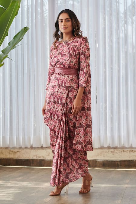 Pasha India X AZA Burgundy Satin Sequins Round Neck Floral Garden Print Saree Gown at Aza Fashions Pasha India X AZA_Burgundy Satin Sequins Round Neck Floral Garden Print Saree Gown _at_Aza_Fashions