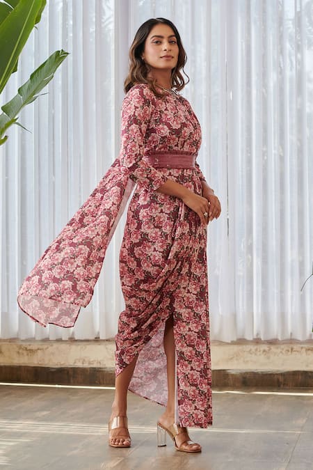 Buy Pasha India X AZA Burgundy Satin Sequins Round Neck Floral Garden Print Saree Gown Buy_Pasha India X AZA_Burgundy Satin Sequins Round Neck Floral Garden Print Saree Gown