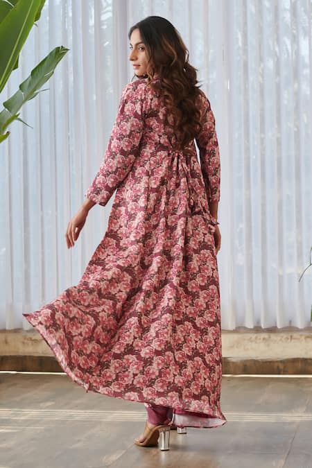 Pasha India X AZA Burgundy Floral Garden Cape Skirt Set 