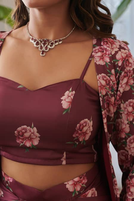 Buy_Pasha India X AZA_Burgundy Silk, Satin Embroidery Sweetheart Neck Floral Garden Cape Skirt Set _Online_at_Aza_Fashions
