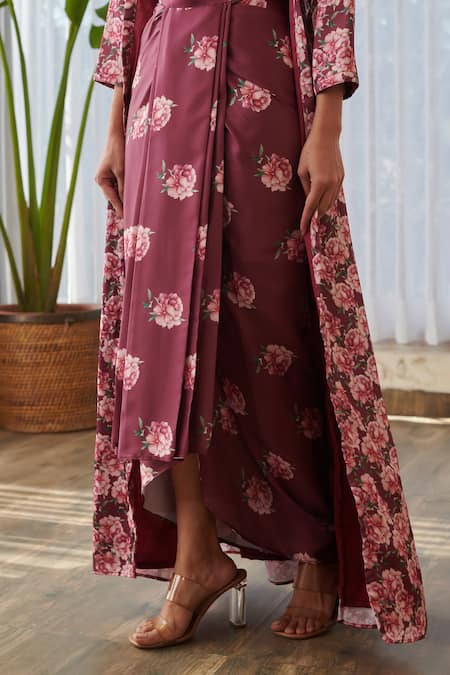 Shop_Pasha India X AZA_Burgundy Silk, Satin Embroidery Sweetheart Neck Floral Garden Cape Skirt Set _Online_at_Aza_Fashions