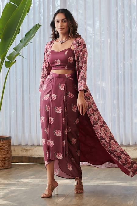 Pasha India X AZA_Burgundy Silk, Satin Embroidery Sweetheart Neck Floral Garden Cape Skirt Set _at_Aza_Fashions