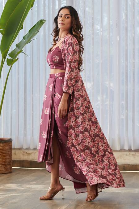 Buy_Pasha India X AZA_Burgundy Silk, Satin Embroidery Sweetheart Neck Floral Garden Cape Skirt Set 