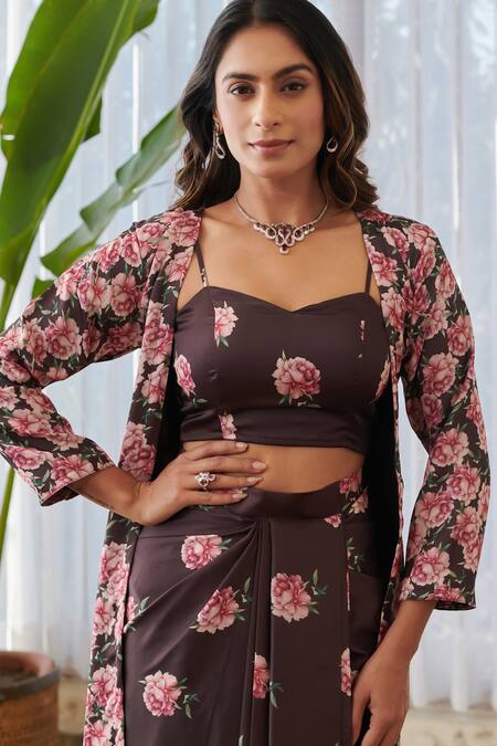 Buy_Pasha India X AZA_Brown Satin Embroidery Sweetheart Neck Floral Print Cape Skirt Set _Online_at_Aza_Fashions