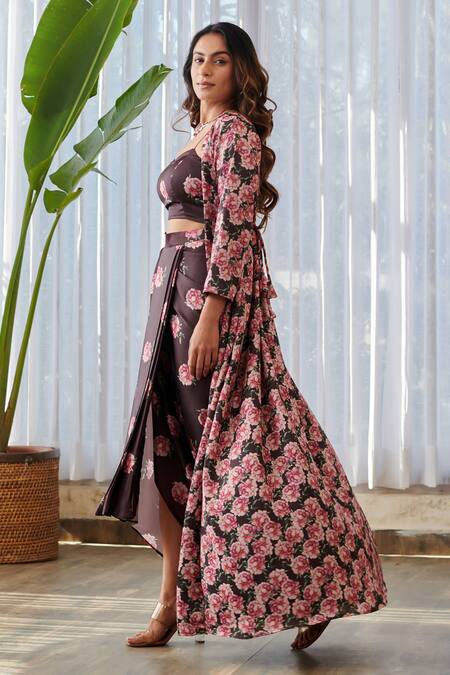 Buy_Pasha India X AZA_Brown Satin Embroidery Sweetheart Neck Floral Print Cape Skirt Set 