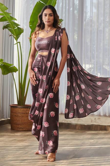Buy Pasha India X AZA Brown Silk, Satin Sequins, Embroidery Floral Print Pre-draped Pant Saree Set Online at Aza Fashions Buy_Pasha India X AZA_Brown Silk, Satin Sequins, Embroidery Floral Print Pre-draped Pant Saree Set _Online_at_Aza_Fashions