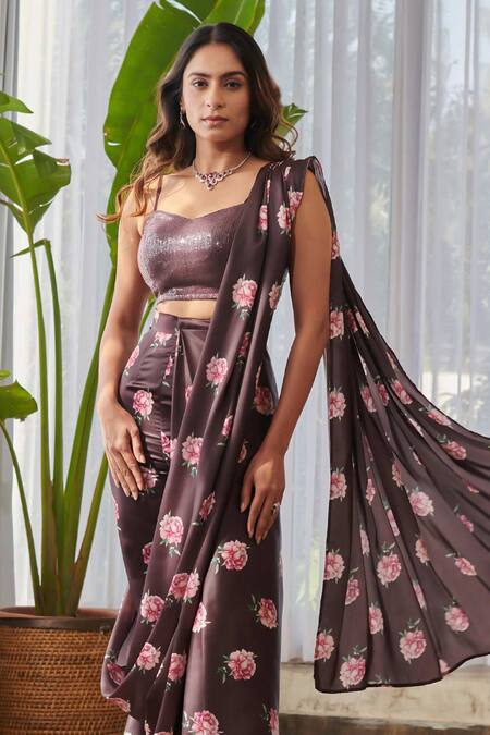 Shop Pasha India X AZA Brown Silk, Satin Sequins, Embroidery Floral Print Pre-draped Pant Saree Set Online at Aza Fashions Shop_Pasha India X AZA_Brown Silk, Satin Sequins, Embroidery Floral Print Pre-draped Pant Saree Set _Online_at_Aza_Fashions