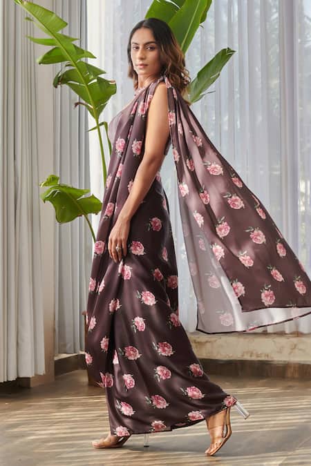 Shop Pasha India X AZA Brown Silk, Satin Sequins, Embroidery Floral Print Pre-draped Pant Saree Set Shop_Pasha India X AZA_Brown Silk, Satin Sequins, Embroidery Floral Print Pre-draped Pant Saree Set