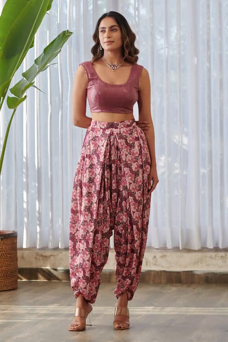 Buy_Pasha India X AZA_Burgundy Silk, Satin Sequins, Embroidery Scoop Neck Embellished Dhoti Set _Online_at_Aza_Fashions