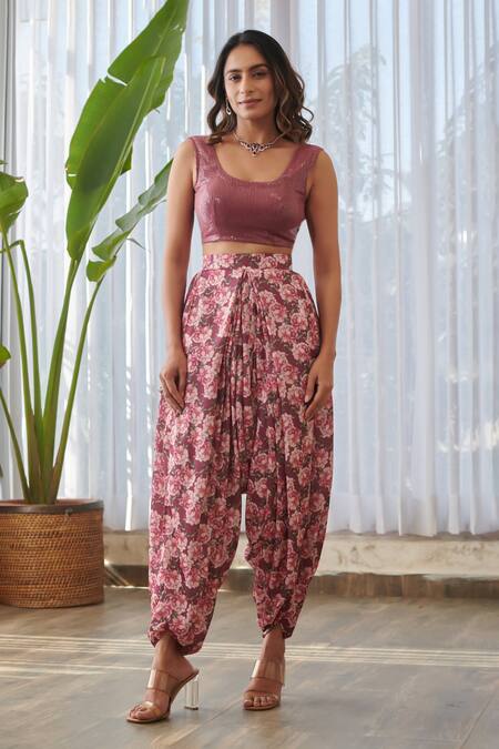 Shop_Pasha India X AZA_Burgundy Silk, Satin Sequins, Embroidery Scoop Neck Embellished Dhoti Set _Online_at_Aza_Fashions