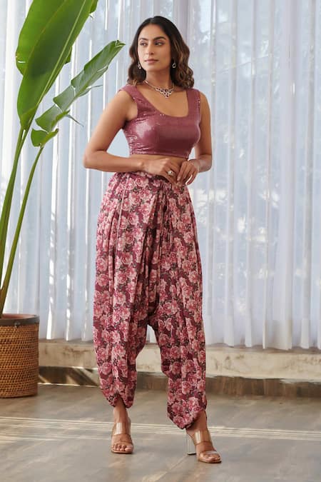 Pasha India X AZA_Burgundy Silk, Satin Sequins, Embroidery Scoop Neck Embellished Dhoti Set _at_Aza_Fashions