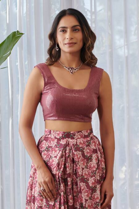 Buy_Pasha India X AZA_Burgundy Silk, Satin Sequins, Embroidery Scoop Neck Embellished Dhoti Set 