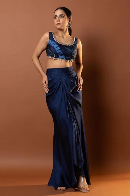 Vedika M Blue Bustier Silk Print Bandhani Scoop Neck With Skirt 