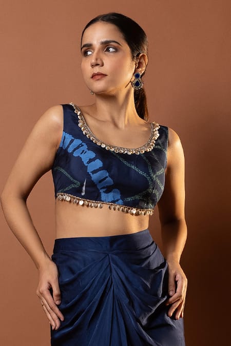 Buy_Vedika M_Blue Silk, Satin Sequins Scoop Neck Bandhani Print Bustier And Skirt Set _Online_at_Aza_Fashions