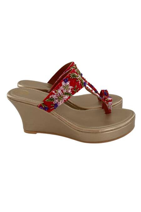 Shop Preet Kaur Red Embroidery Lily Wedges Online at Aza Fashions Shop_Preet Kaur_Red Embroidery Lily Wedges _Online_at_Aza_Fashions