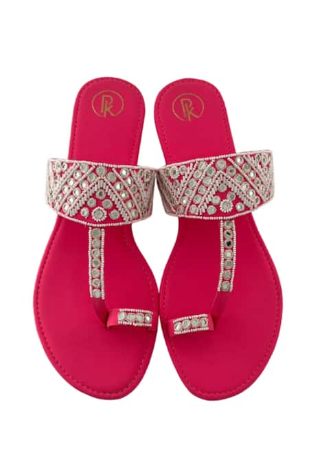 PREET KAUR Pink Hand Embroidered Resham And Sheesha Kolhapuri Flats 