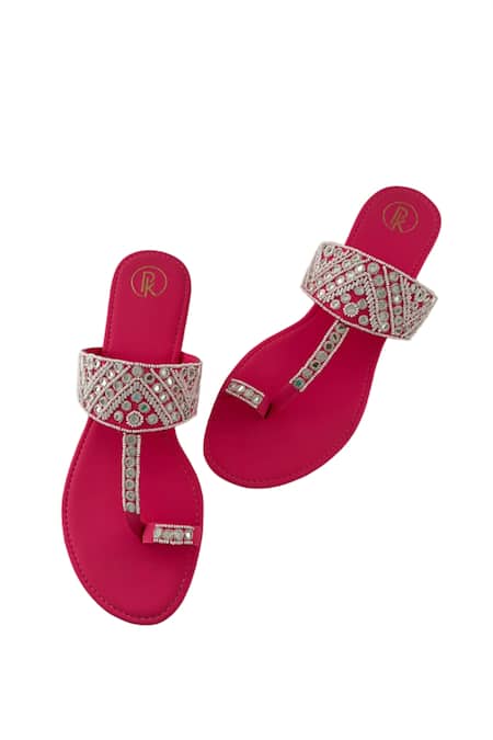 Shop Preet Kaur Pink Resham And Sheesha Embroidered Kolhapuri Flats at Aza Fashions Shop_Preet Kaur_Pink Resham And Sheesha Embroidered Kolhapuri Flats _at_Aza_Fashions
