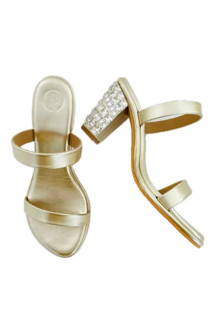 Shop Preet Kaur Gold Crystals Aurum Embroidered Block Heels at Aza Fashions Shop_Preet Kaur_Gold Crystals Aurum Embroidered Block Heels _at_Aza_Fashions