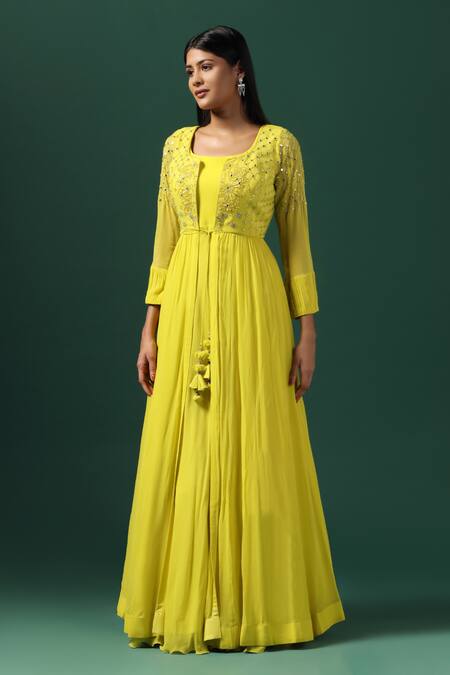 Two Sisters By Gyans_Yellow Georgette, Net Cut Work, Mirrors, Embroidered Peplum Cape Anarkali Set _Online_at_Aza_Fashions