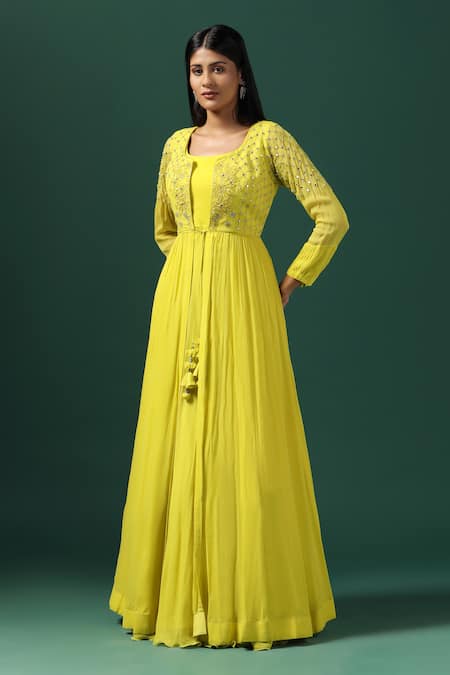 Buy_Two Sisters By Gyans_Yellow Georgette, Net Cut Work, Mirrors, Embroidered Peplum Cape Anarkali Set _Online_at_Aza_Fashions