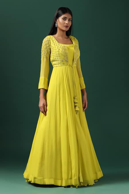 Shop_Two Sisters By Gyans_Yellow Georgette, Net Cut Work, Mirrors, Embroidered Peplum Cape Anarkali Set _Online_at_Aza_Fashions