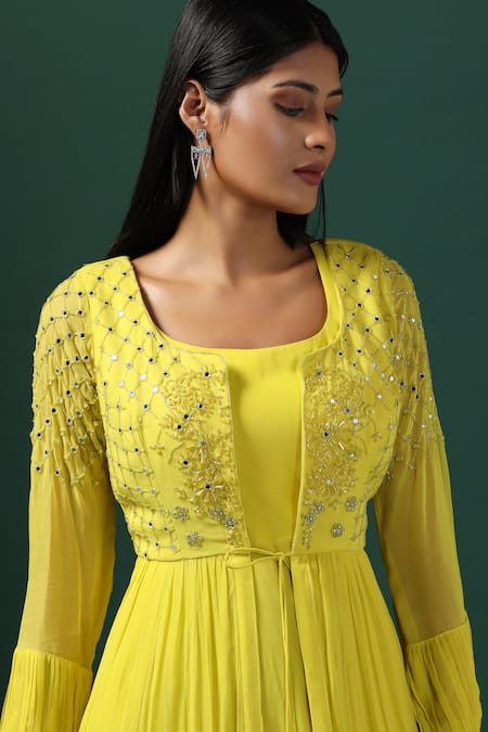 Two Sisters By Gyans_Yellow Georgette, Net Cut Work, Mirrors, Embroidered Peplum Cape Anarkali Set _at_Aza_Fashions