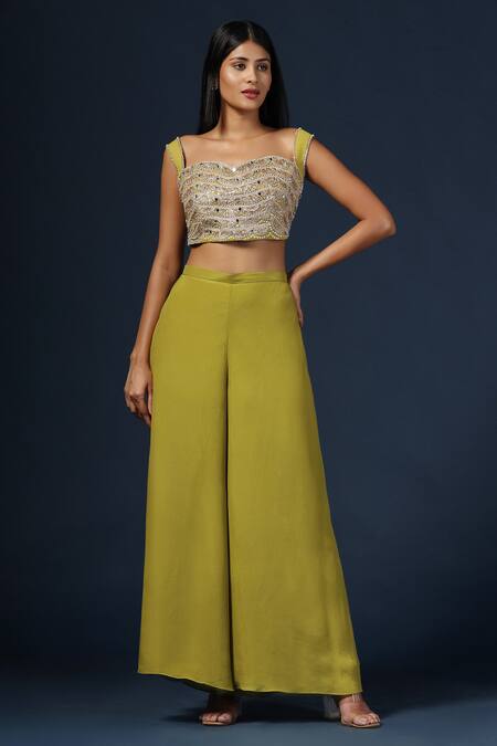 Buy_Two Sisters By Gyans_Green Georgette Sequins, Cut Embroidered Waistband Pre-draped Saree Pant Set _Online_at_Aza_Fashions