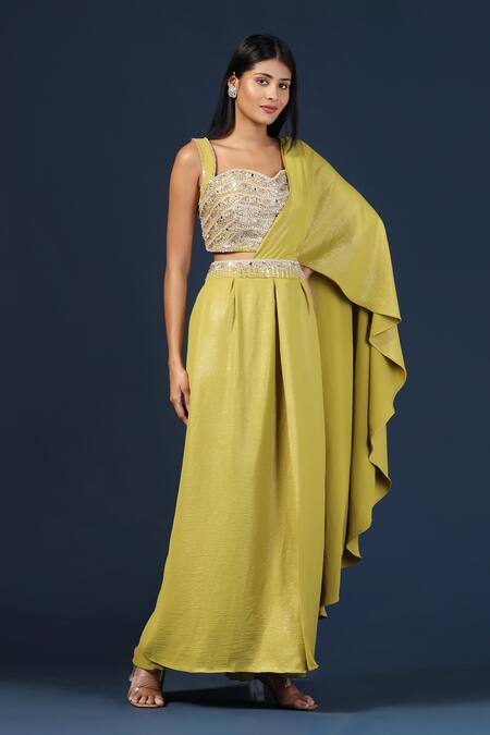 Buy Two Sisters By Gyans Green Georgette Sequins, Cut Embroidered Waistband Pre-draped Saree Pant Set Buy_Two Sisters By Gyans_Green Georgette Sequins, Cut Embroidered Waistband Pre-draped Saree Pant Set