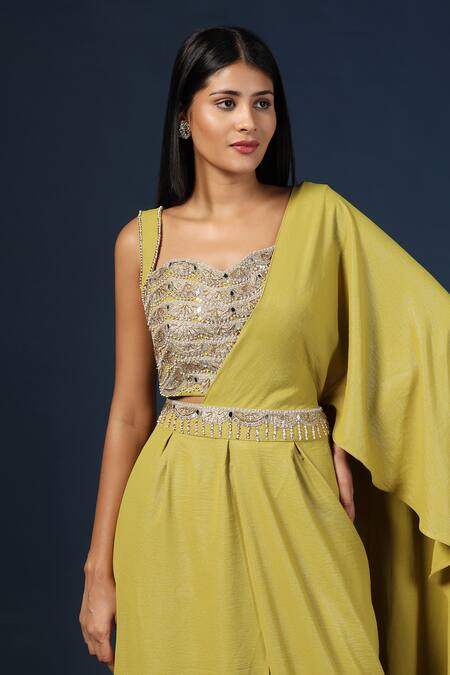 Shop Two Sisters By Gyans Green Georgette Sequins, Cut Embroidered Waistband Pre-draped Saree Pant Set Shop_Two Sisters By Gyans_Green Georgette Sequins, Cut Embroidered Waistband Pre-draped Saree Pant Set