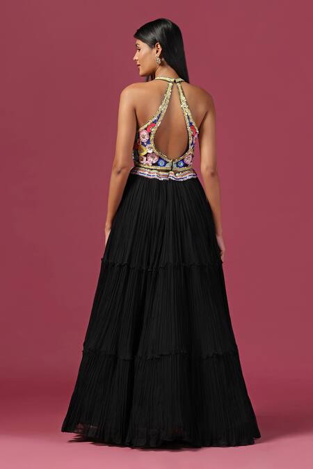 Shop Two Sisters By Gyans Black Georgette Sequins Halter Neck Cut-out Back Tiered Lehenga Set Online at Aza Fashions Shop_Two Sisters By Gyans_Black Georgette Sequins Halter Neck Cut-out Back Tiered Lehenga Set _Online_at_Aza_Fashions
