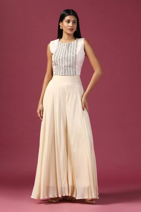 Buy_Two Sisters By Gyans_Ivory Georgette Sequins, Zari Round Neck Embroidered Cape Sharara Set _Online_at_Aza_Fashions