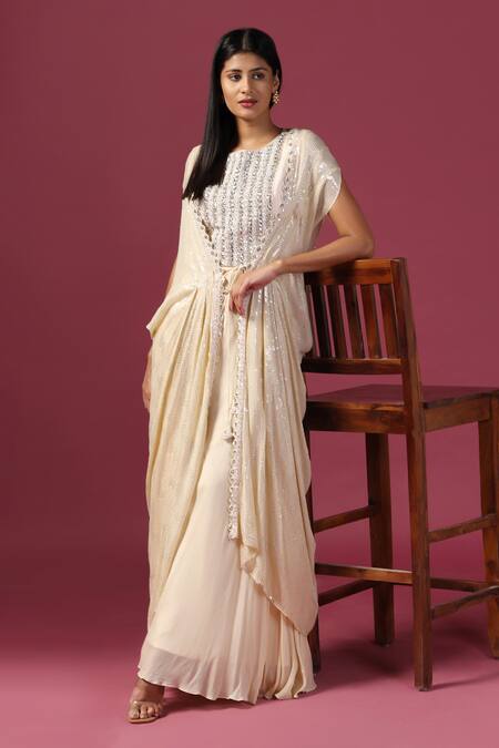 Buy_Two Sisters By Gyans_Ivory Georgette Sequins, Zari Round Neck Embroidered Cape Sharara Set 