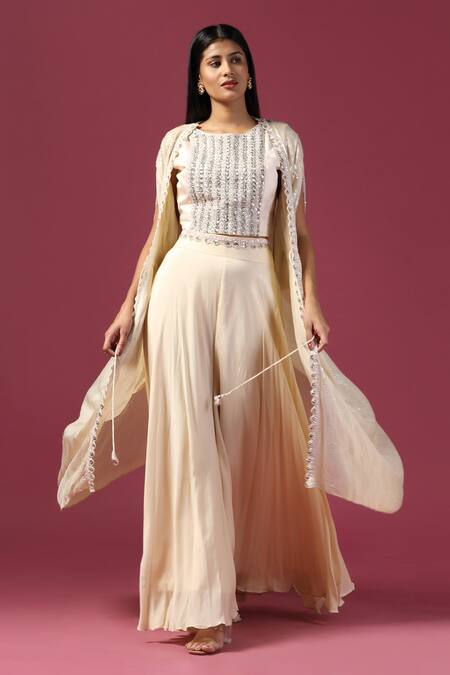 Shop_Two Sisters By Gyans_Ivory Georgette Sequins, Zari Round Neck Embroidered Cape Sharara Set 